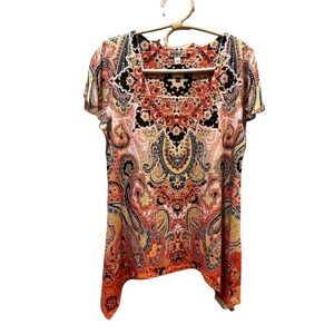 One World Live and Let Live Wintop Orange Square Neckline Shark Bite Hem Blouse